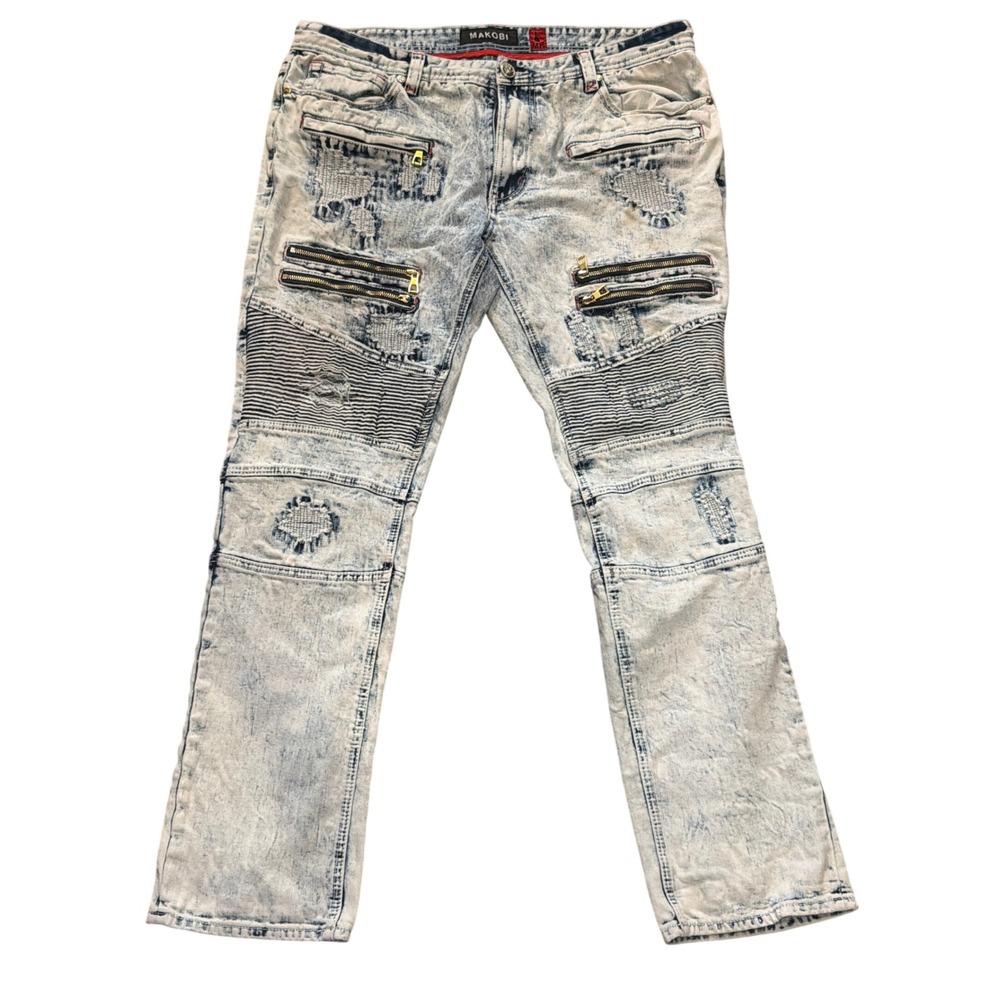 Makobi Mens Moto Biker Jeans Acid Wash Distressed Blue Gold Zipper Streetwear